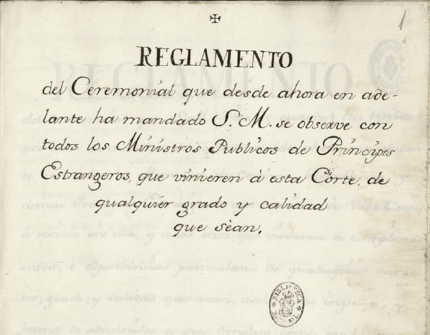 Encabezamiento manuscrito del Reglamento del Ceremonial de 1717 para recibir a los ministros públicos extranjeros.